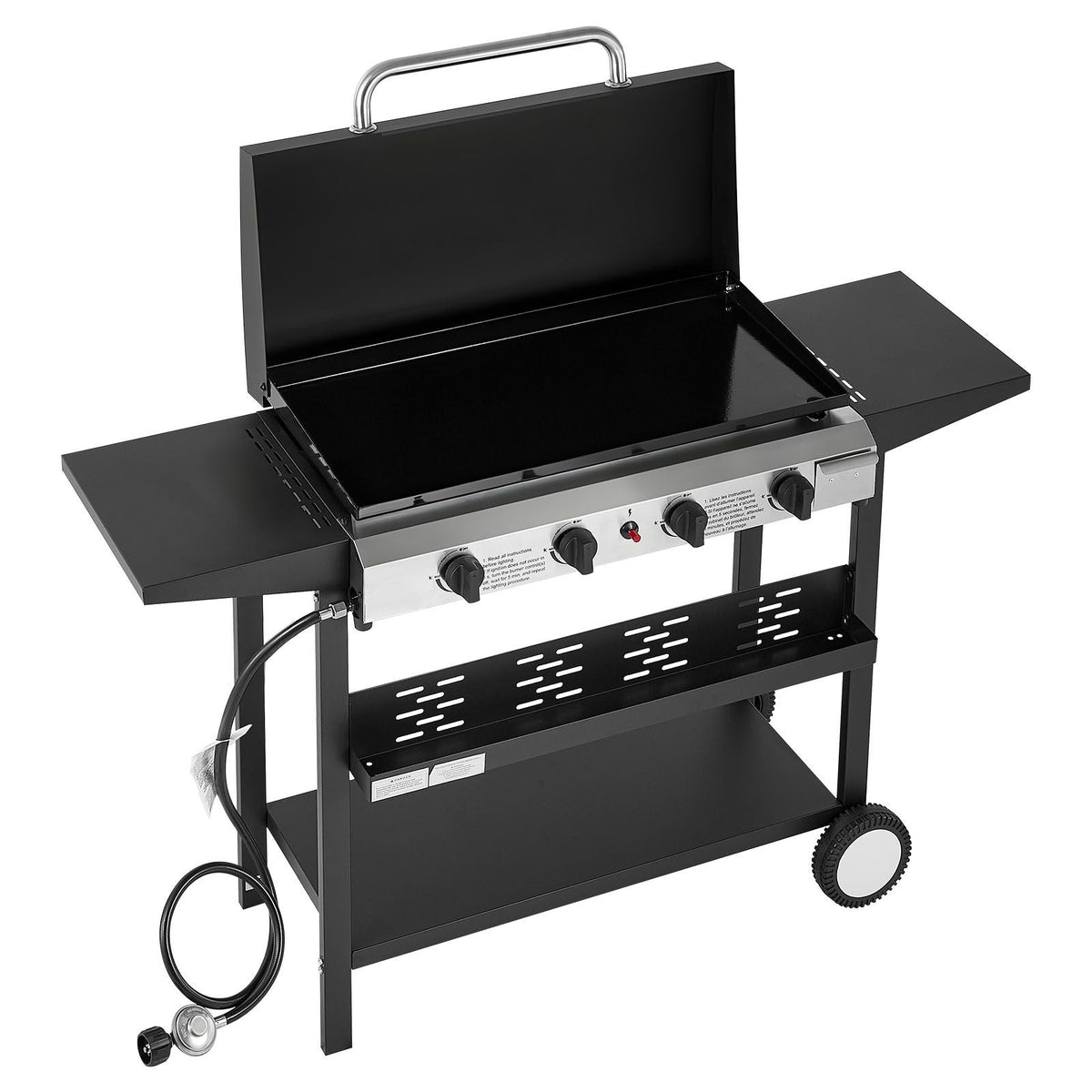 Gas Griddle, 4-Burner Flat Top Grill, 29 inch Grill Plate Propane Griddle with Wheels, Lid, 28000 BTU Outdoor Flat Top Grills for Pan-Frying, Grilling, Stir-Frying, & BBQ, Pulse Ignition