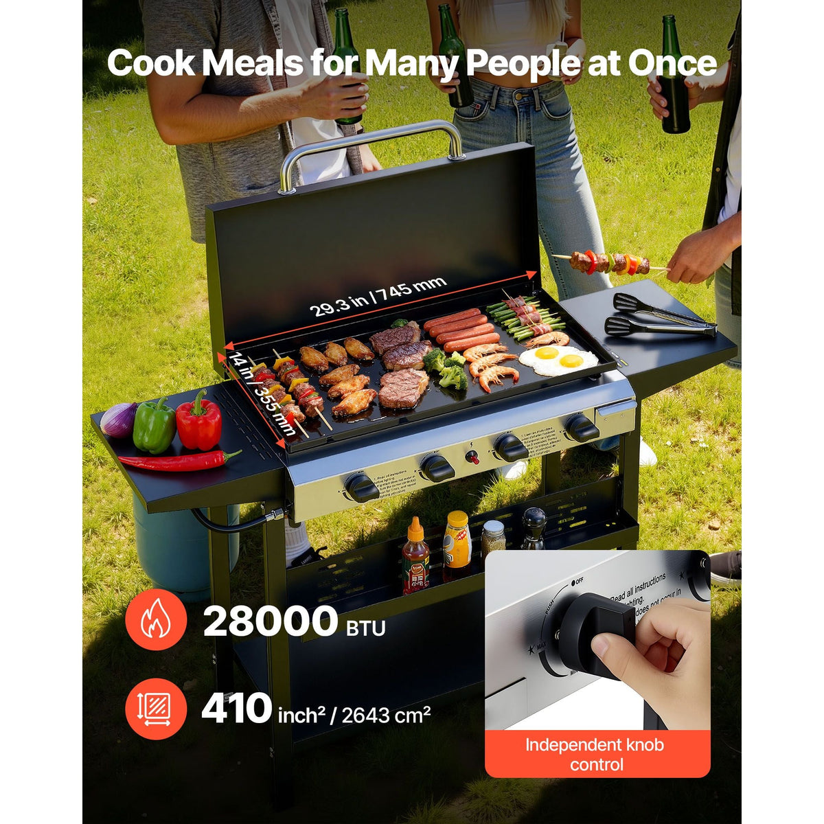 Gas Griddle, 4-Burner Flat Top Grill, 29 inch Grill Plate Propane Griddle with Wheels, Lid, 28000 BTU Outdoor Flat Top Grills for Pan-Frying, Grilling, Stir-Frying, & BBQ, Pulse Ignition
