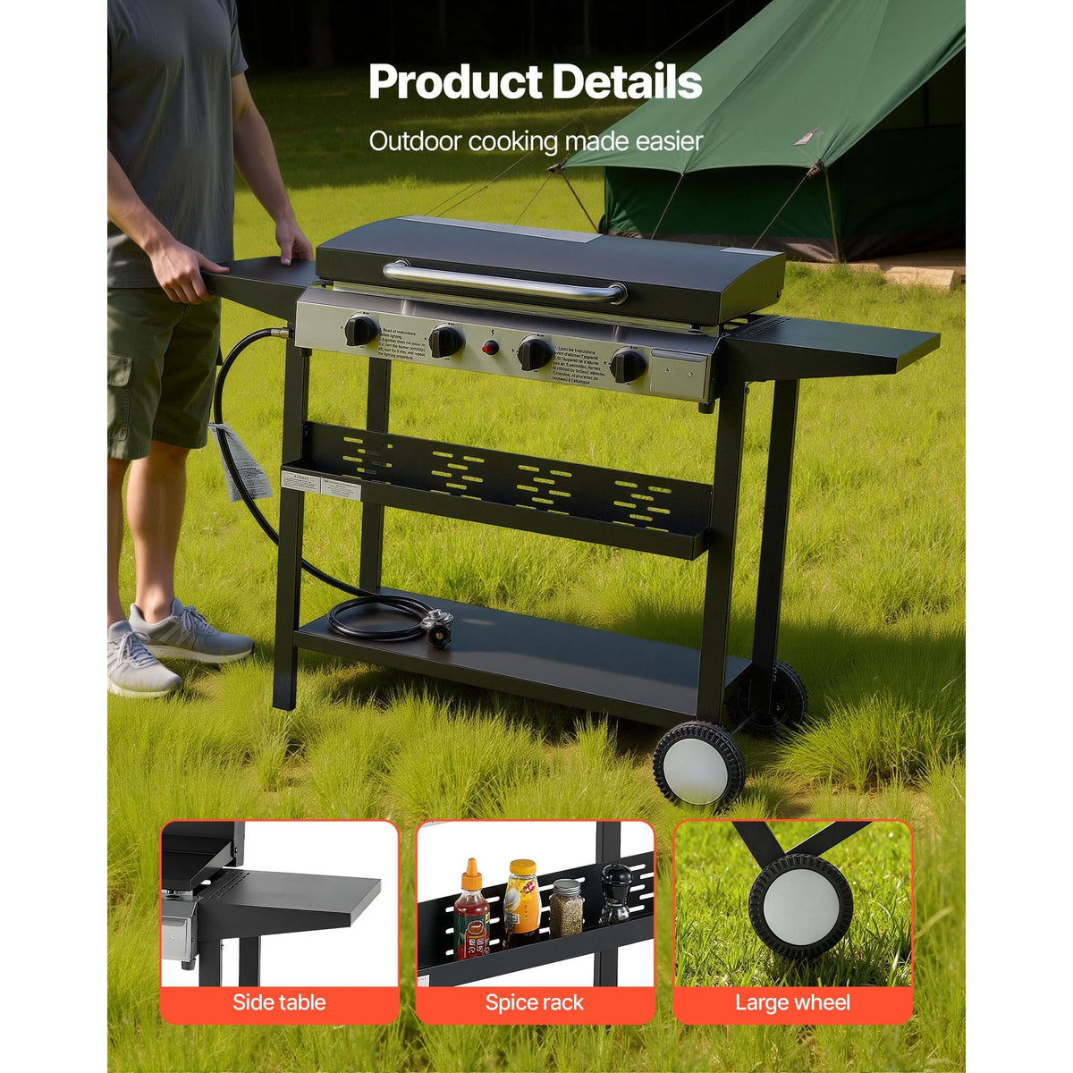 Gas Griddle, 4-Burner Flat Top Grill, 29 inch Grill Plate Propane Griddle with Wheels, Lid, 28000 BTU Outdoor Flat Top Grills for Pan-Frying, Grilling, Stir-Frying, & BBQ, Pulse Ignition