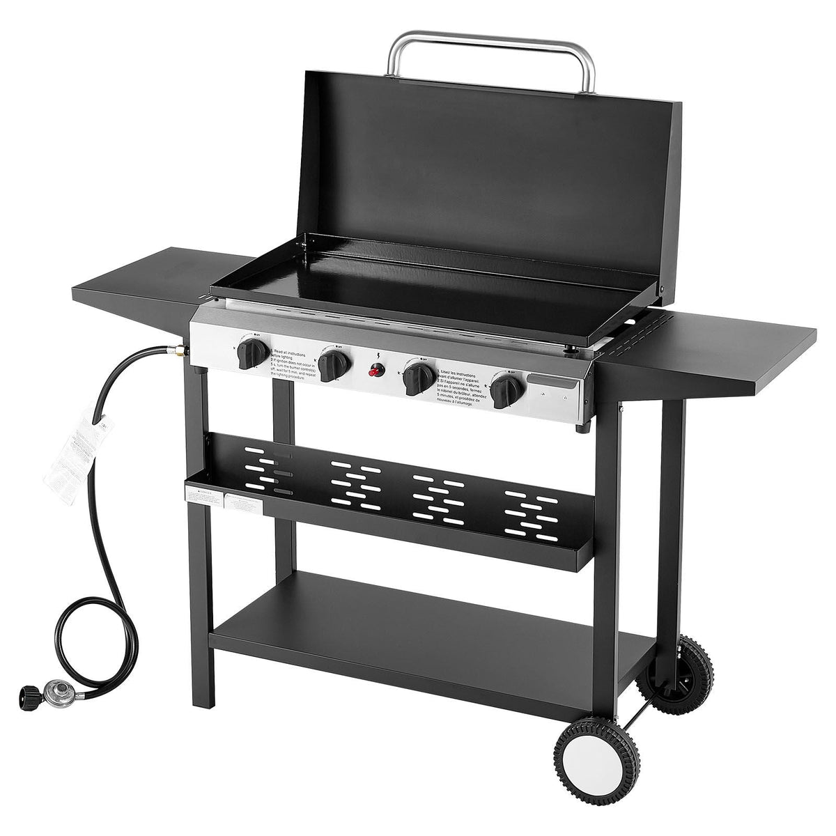 Gas Griddle, 4-Burner Flat Top Grill, 29 inch Grill Plate Propane Griddle with Wheels, Lid, 28000 BTU Outdoor Flat Top Grills for Pan-Frying, Grilling, Stir-Frying, & BBQ, Pulse Ignition