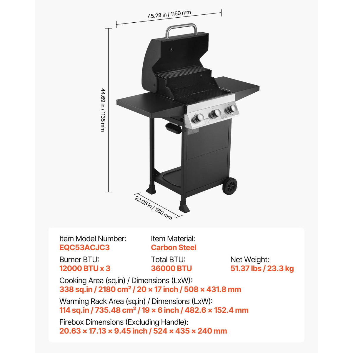 Gas Grill, 3 Burner Propane Gas Grill with Spacious 338 SQ.In Grilling Area, Carbon Steel Enamel Grates, Outdoor 36,000 BTU Patio Garden BBQ Grills with Foldable Side Shelves, Carbon Steel