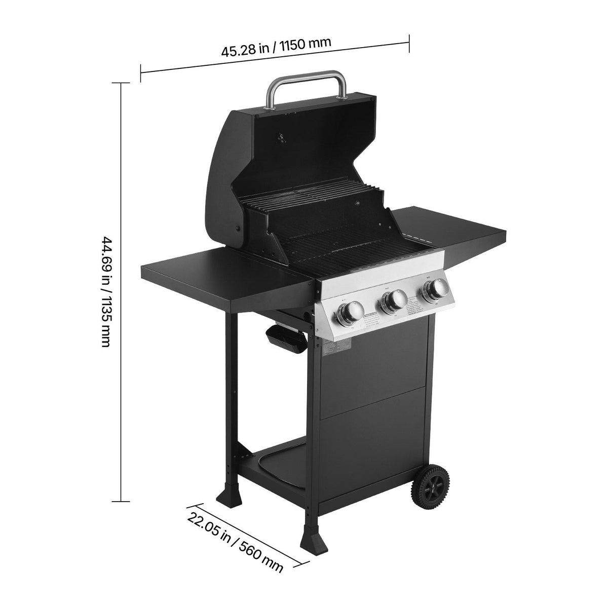 Gas Grill, 3 Burner Propane Gas Grill with Spacious 338 SQ.In Grilling Area, Carbon Steel Enamel Grates, Outdoor 36,000 BTU Patio Garden BBQ Grills with Foldable Side Shelves, Carbon Steel
