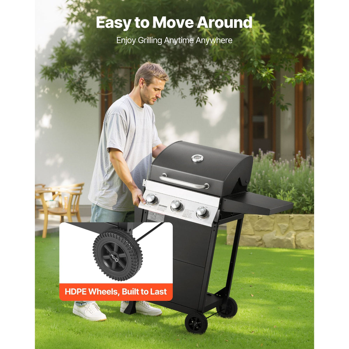 Gas Grill, 3 Burner Propane Gas Grill with Spacious 338 SQ.In Grilling Area, Carbon Steel Enamel Grates, Outdoor 36,000 BTU Patio Garden BBQ Grills with Foldable Side Shelves, Carbon Steel
