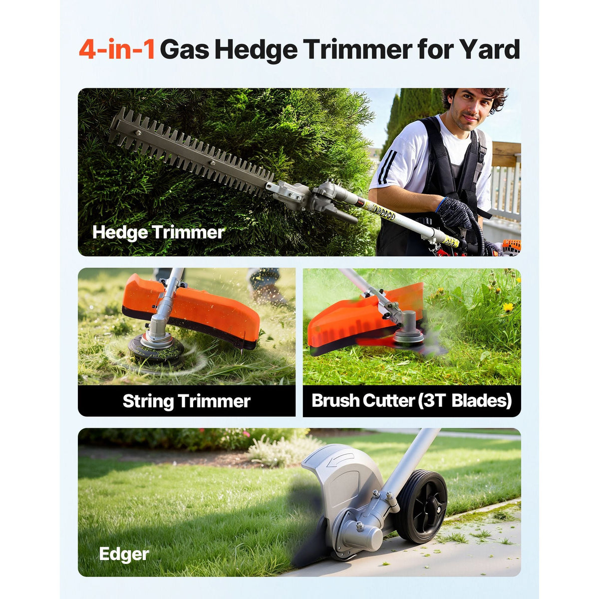 Gas Hedge Trimmer, 2 Cycle Gas Power Handheld Hedge Trimmer, 4-in-1 26cc Weed Eater with Protective Gear Set, Includes Hedge and String Trimmer, Edger, Brush Cutter, for Trimming Shrubs & Bushes