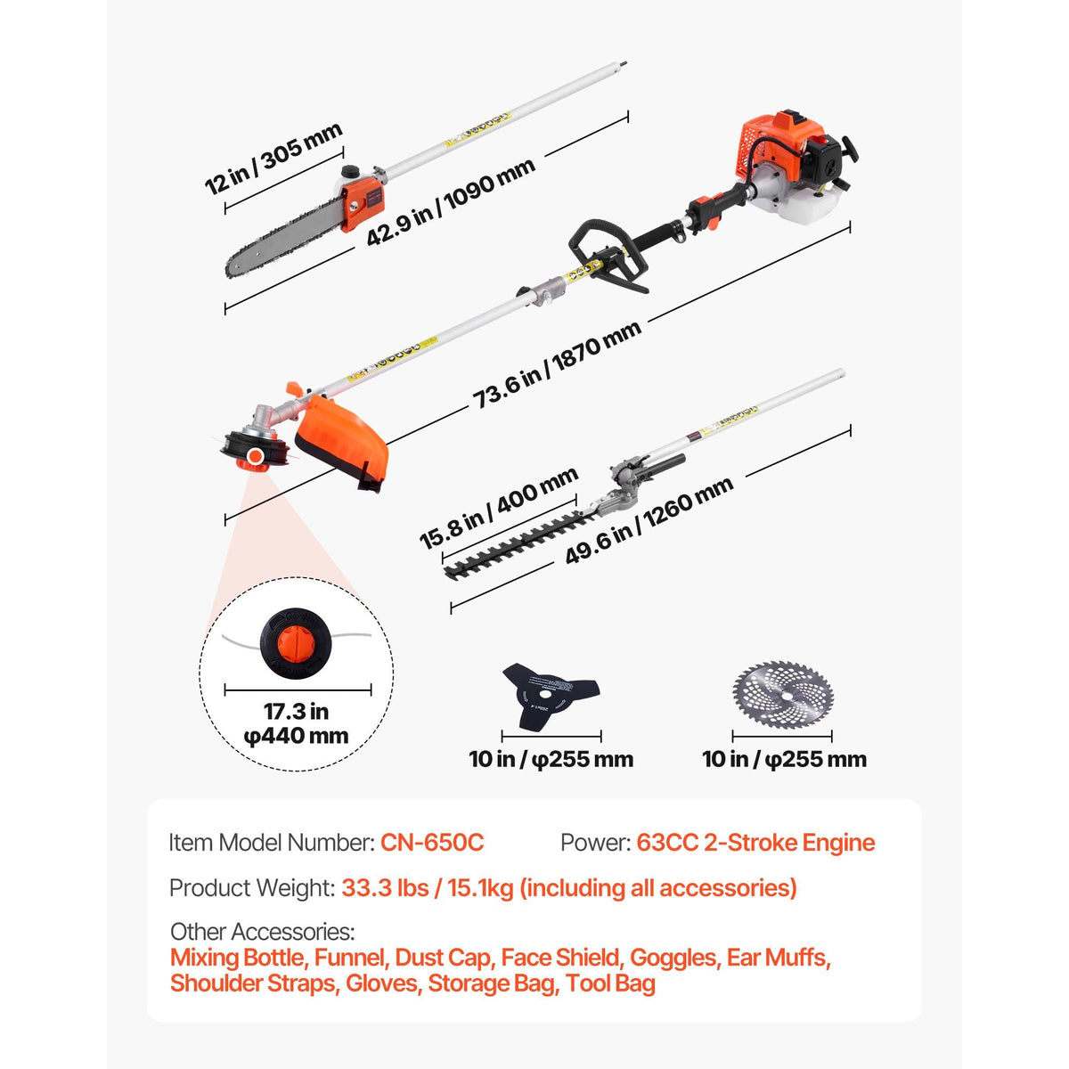 Gas Hedge Trimmer, 2 Cycle Gas Power Handheld Hedge Trimmer, 5-in-1 63cc Cordless Weed Eater with Protective Gear Set, Includes Hedge and String Trimmer, Brush Cutter(3T & 40T Blades), Pole Saw