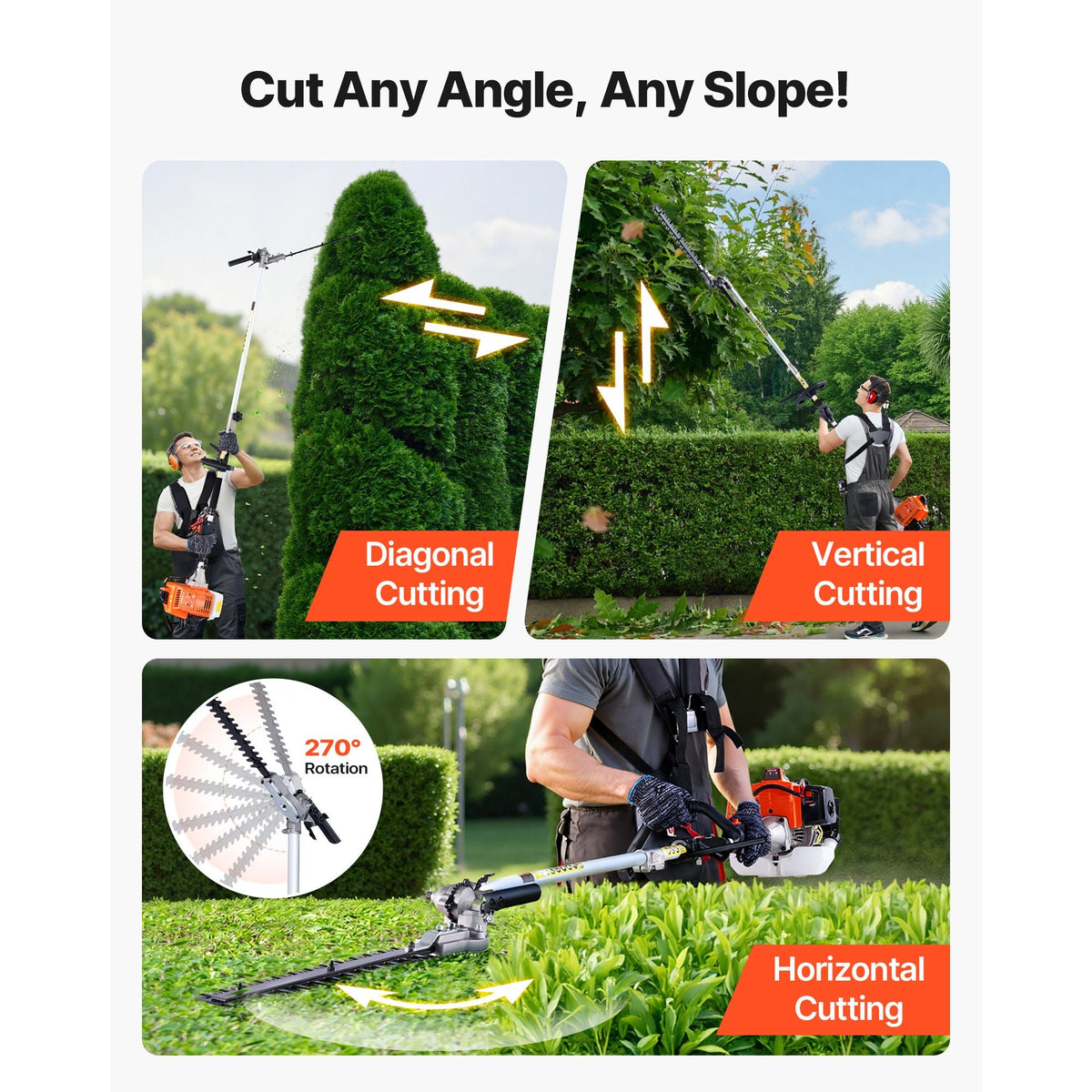 Gas Hedge Trimmer, 2 Cycle Gas Power Handheld Hedge Trimmer, 5-in-1 63cc Cordless Weed Eater with Protective Gear Set, Includes Hedge and String Trimmer, Brush Cutter(3T & 40T Blades), Pole Saw