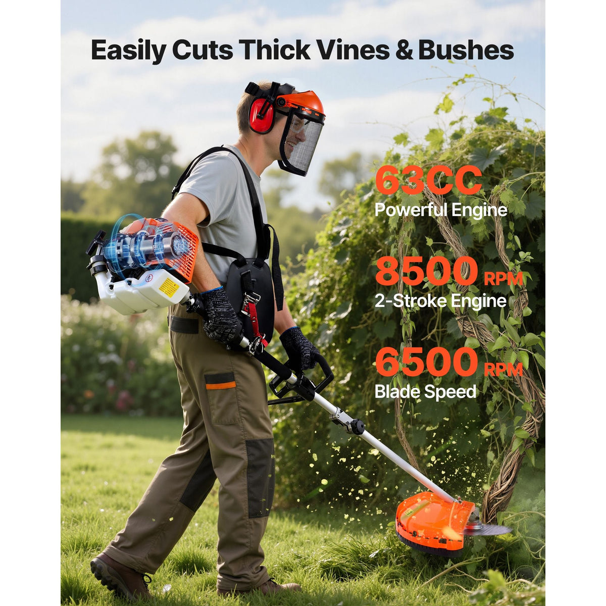 Gas Hedge Trimmer, 2 Cycle Gas Power Handheld Hedge Trimmer, 5-in-1 63cc Cordless Weed Eater with Protective Gear Set, Includes Hedge and String Trimmer, Brush Cutter(3T & 40T Blades), Pole Saw