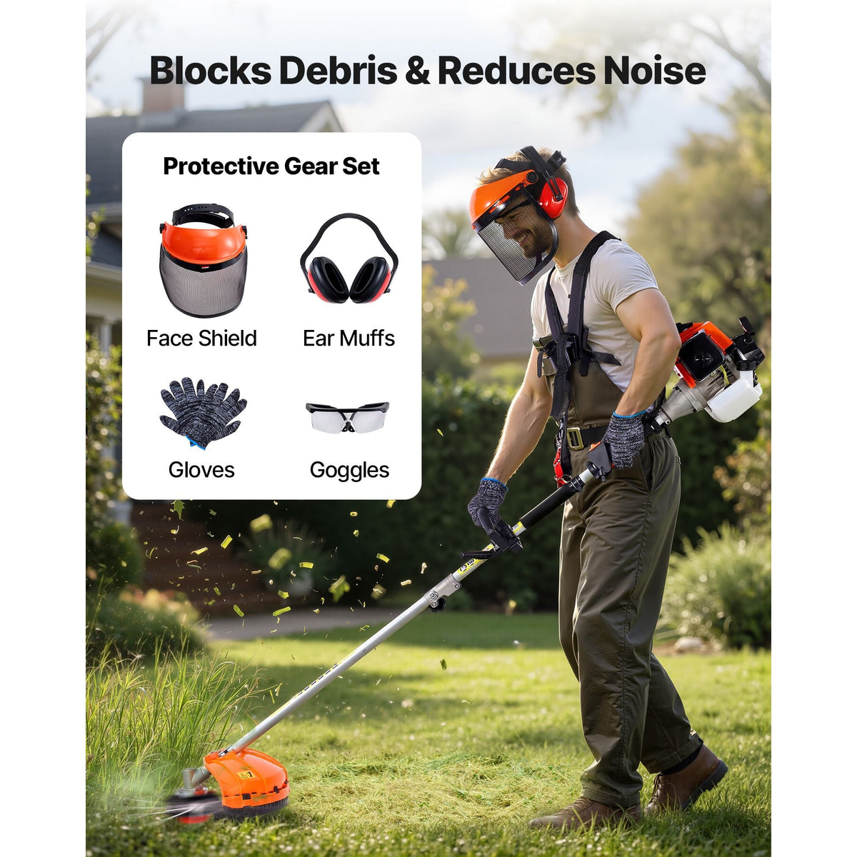 Gas Hedge Trimmer, 2 Cycle Gas Power Handheld Hedge Trimmer, 5-in-1 63cc Cordless Weed Eater with Protective Gear Set, Includes Hedge and String Trimmer, Brush Cutter(3T & 40T Blades), Pole Saw