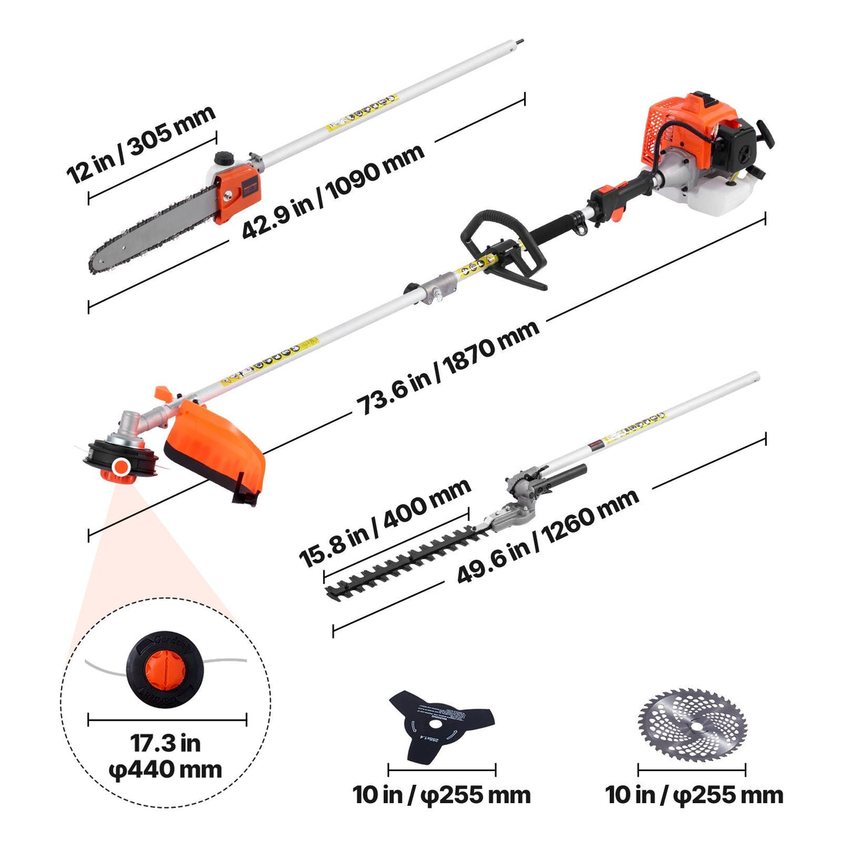 Gas Hedge Trimmer, 2 Cycle Gas Power Handheld Hedge Trimmer, 5-in-1 63cc Cordless Weed Eater with Protective Gear Set, Includes Hedge and String Trimmer, Brush Cutter(3T & 40T Blades), Pole Saw