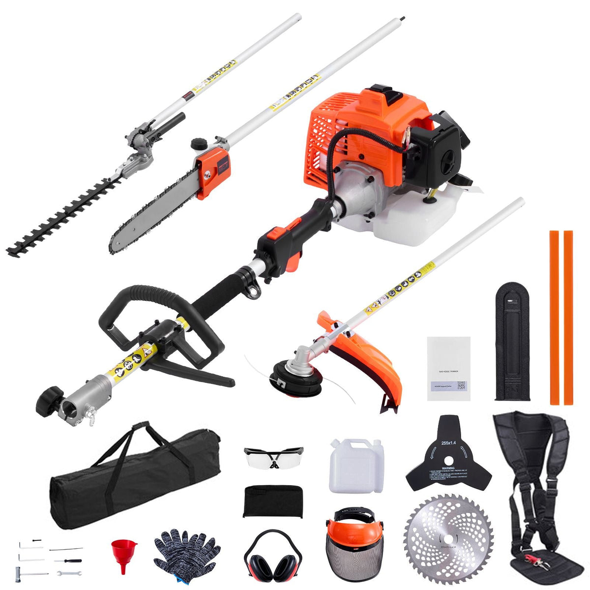 Gas Hedge Trimmer, 2 Cycle Gas Power Handheld Hedge Trimmer, 5-in-1 63cc Cordless Weed Eater with Protective Gear Set, Includes Hedge and String Trimmer, Brush Cutter(3T & 40T Blades), Pole Saw