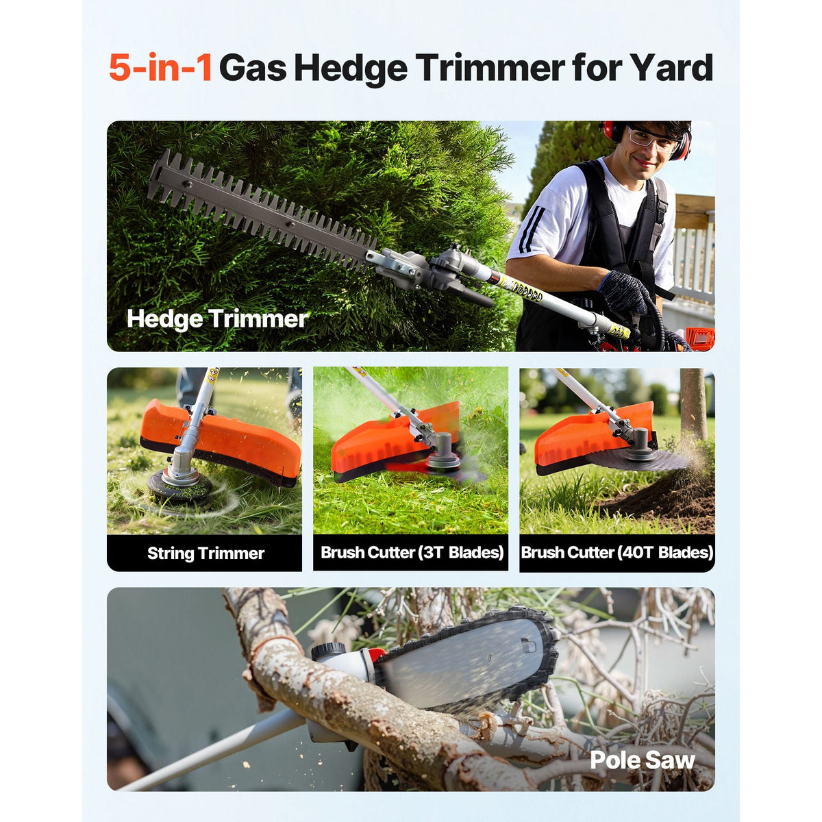 Gas Hedge Trimmer, 2 Cycle Gas Power Handheld Hedge Trimmer, 5-in-1 63cc Cordless Weed Eater with Protective Gear Set, Includes Hedge and String Trimmer, Brush Cutter(3T & 40T Blades), Pole Saw