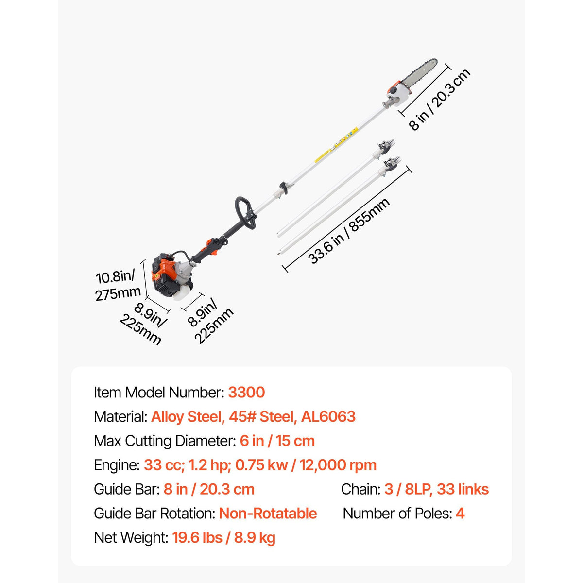 Gas Pole Saw, 33CC 2 Stroke Gas Powered Pole Saws with 8 in Cutting Bar, Cordless Tree Trimmer with 30 fl.oz Fuel Tank, 6.7 to 11.6 ft Extendable, Powerful Chainsaw for Tree Trimming Pruning