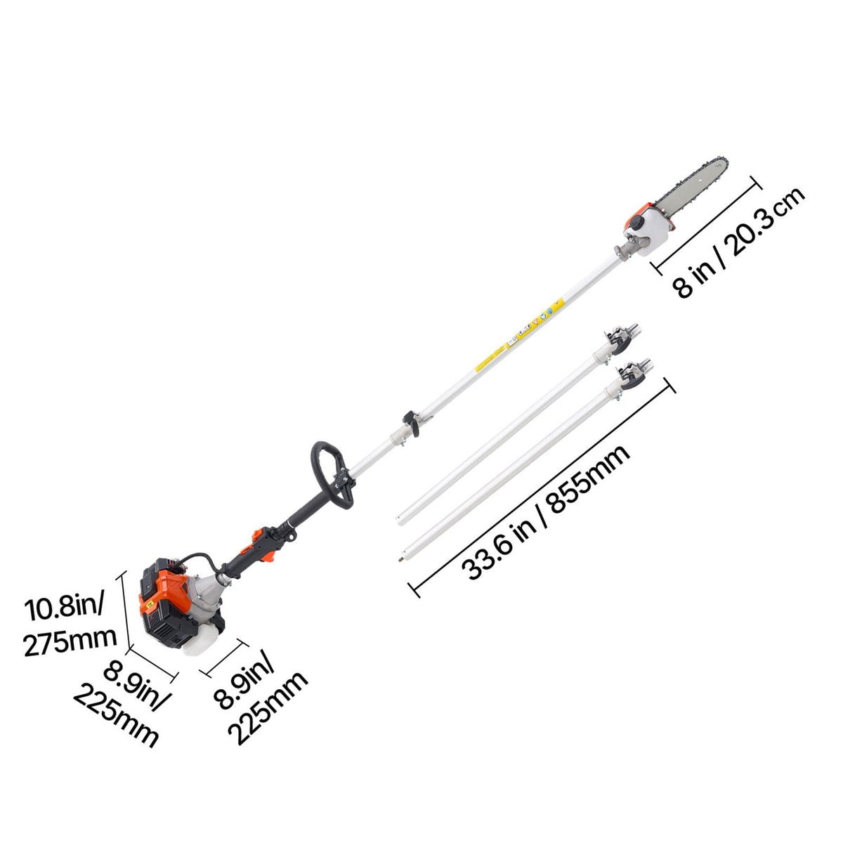 Gas Pole Saw, 33CC 2 Stroke Gas Powered Pole Saws with 8 in Cutting Bar, Cordless Tree Trimmer with 30 fl.oz Fuel Tank, 6.7 to 11.6 ft Extendable, Powerful Chainsaw for Tree Trimming Pruning