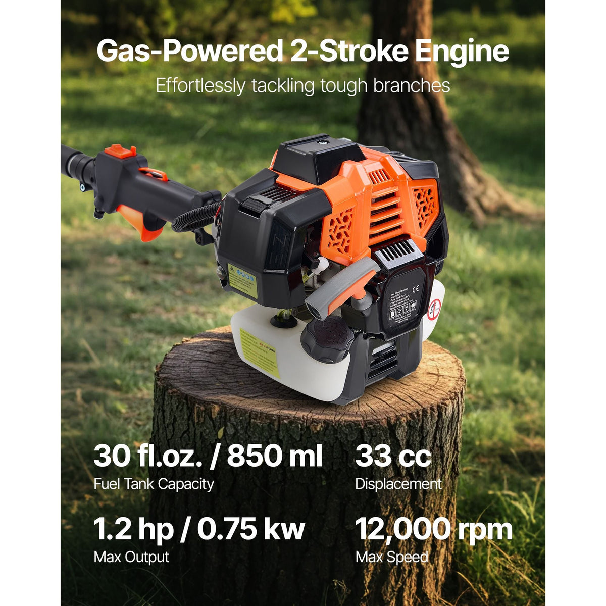 Gas Pole Saw, 33CC 2 Stroke Gas Powered Pole Saws with 8 in Cutting Bar, Cordless Tree Trimmer with 30 fl.oz Fuel Tank, 6.7 to 11.6 ft Extendable, Powerful Chainsaw for Tree Trimming Pruning
