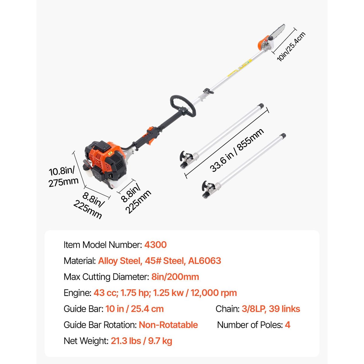 Gas Pole Saw, 43CC 2 Stroke Gas Powered Pole Saws with 10 in Cutting Bar, Cordless Tree Trimmer with Rotatable Head, 6.9 to 11.8 ft Extendable, Powerful Chainsaw for Tree Trimming Pruning