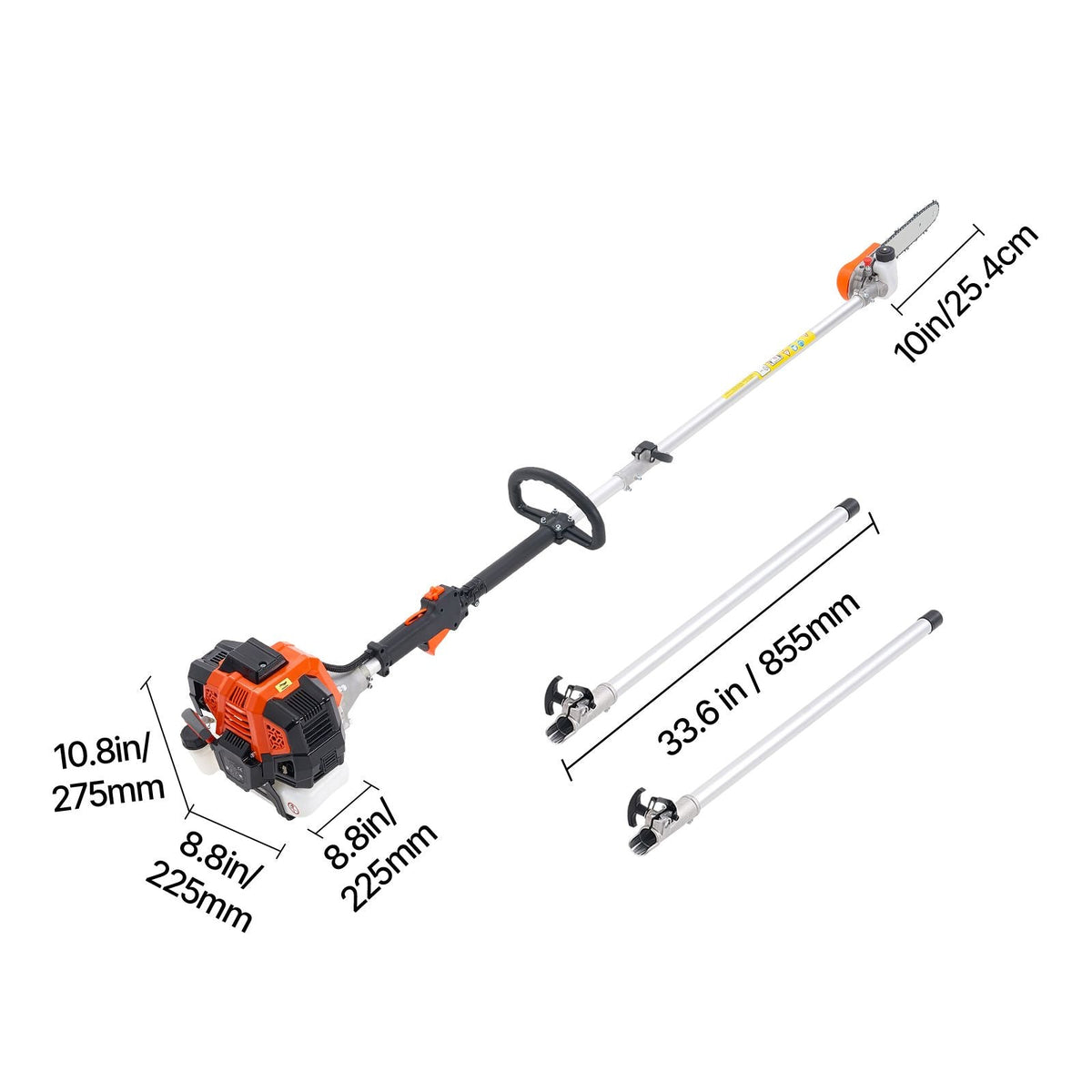 Gas Pole Saw, 43CC 2 Stroke Gas Powered Pole Saws with 10 in Cutting Bar, Cordless Tree Trimmer with Rotatable Head, 6.9 to 11.8 ft Extendable, Powerful Chainsaw for Tree Trimming Pruning