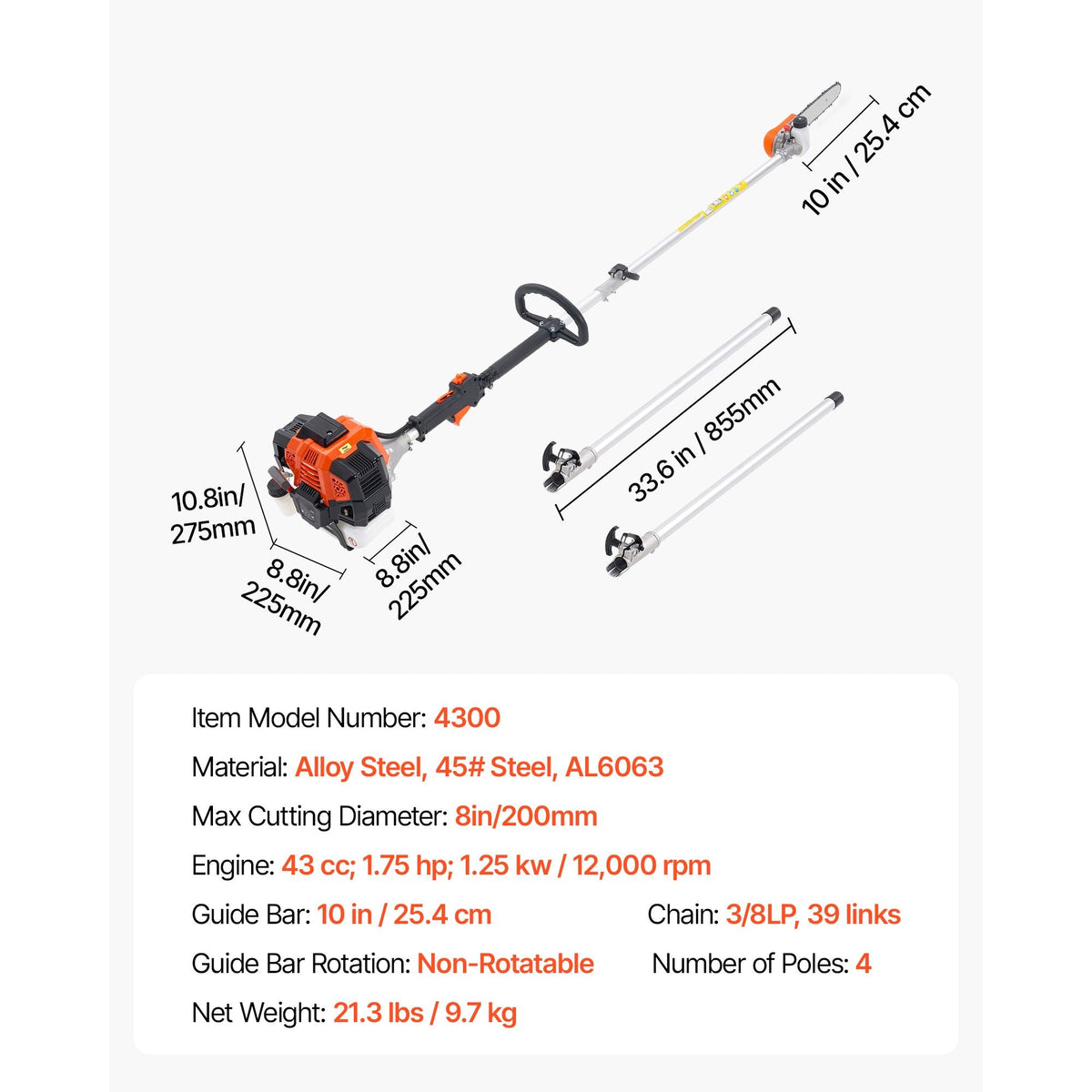 Gas Pole Saw, 43CC 2 Stroke Gas Powered Pole Saws with 12 in Cutting Bar, Cordless Tree Trimmer with Rotatable Head, 7.1 to 12 ft Extendable, Powerful Chainsaw for Tree Trimming Pruning