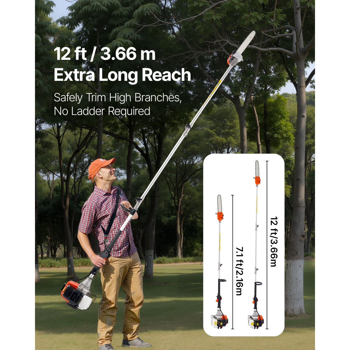 Gas Pole Saw, 43CC 2 Stroke Gas Powered Pole Saws with 12 in Cutting Bar, Cordless Tree Trimmer with Rotatable Head, 7.1 to 12 ft Extendable, Powerful Chainsaw for Tree Trimming Pruning
