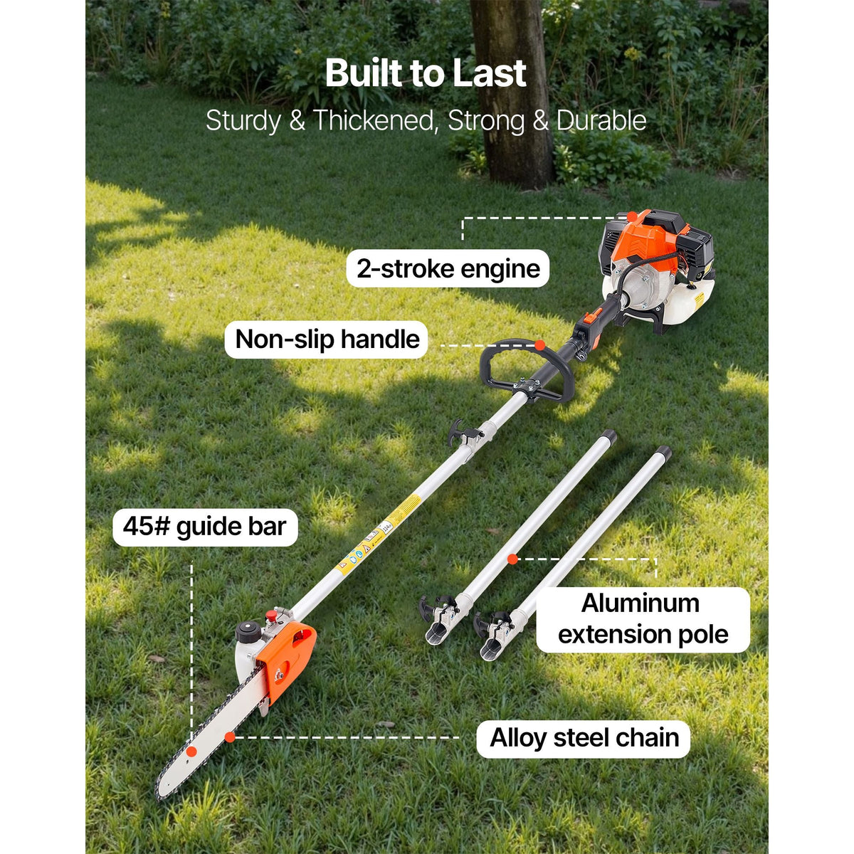 Gas Pole Saw, 43CC 2 Stroke Gas Powered Pole Saws with 12 in Cutting Bar, Cordless Tree Trimmer with Rotatable Head, 7.1 to 12 ft Extendable, Powerful Chainsaw for Tree Trimming Pruning