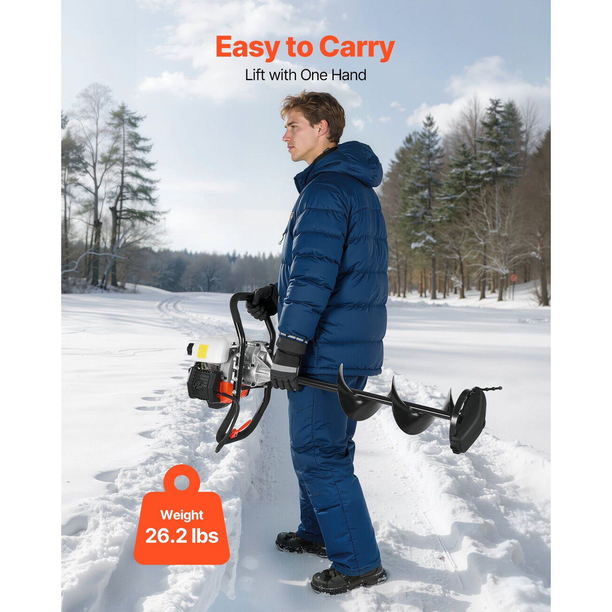 Gas Powered Ice Auger, 52CC 2-Stroke Ice Fishing Augers with 8" Steel Drill Bit, Cold-Resistant & Portable Post Hole Digger, Precise and Fast Drilling Powerhead for Winter Fishing Rescue
