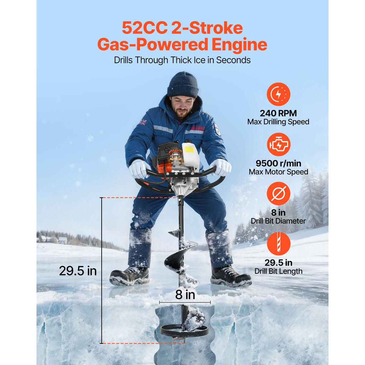 Gas Powered Ice Auger, 52CC 2-Stroke Ice Fishing Augers with 8" Steel Drill Bit, Cold-Resistant & Portable Post Hole Digger, Precise and Fast Drilling Powerhead for Winter Fishing Rescue