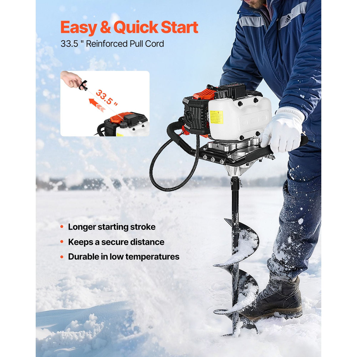 Gas Powered Ice Auger, 52CC 2-Stroke Ice Fishing Augers with 8" Steel Drill Bit, Cold-Resistant & Portable Post Hole Digger, Precise and Fast Drilling Powerhead for Winter Fishing Rescue
