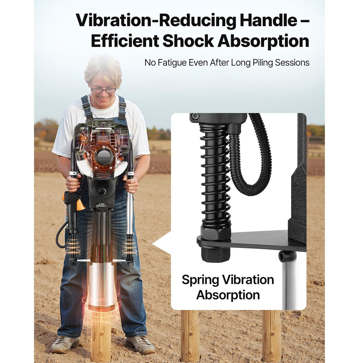 Gas Powered T Post Driver, 37.7cc 4-Stroke Engine Efficient Post Pounder with 3 Piling Sleeves, Vibration-Reducing Handle, Heavy Duty Fence Pile Driver for Farm, Orchard, Road Work, Landscaping