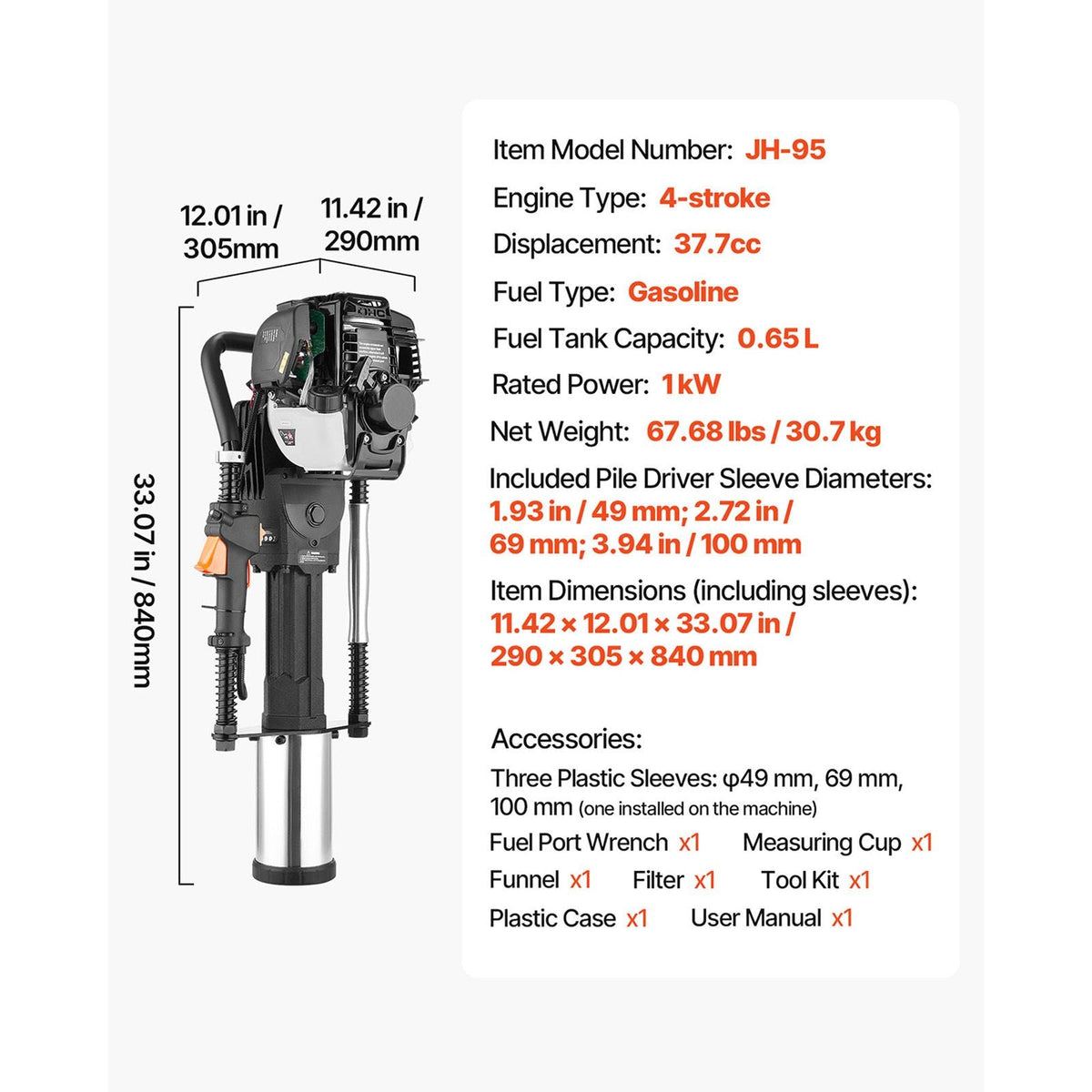 Gas Powered T Post Driver, 37.7cc 4-Stroke Engine Efficient Post Pounder with 3 Piling Sleeves, Vibration-Reducing Handle, Heavy Duty Fence Pile Driver for Farm, Orchard, Road Work, Landscaping