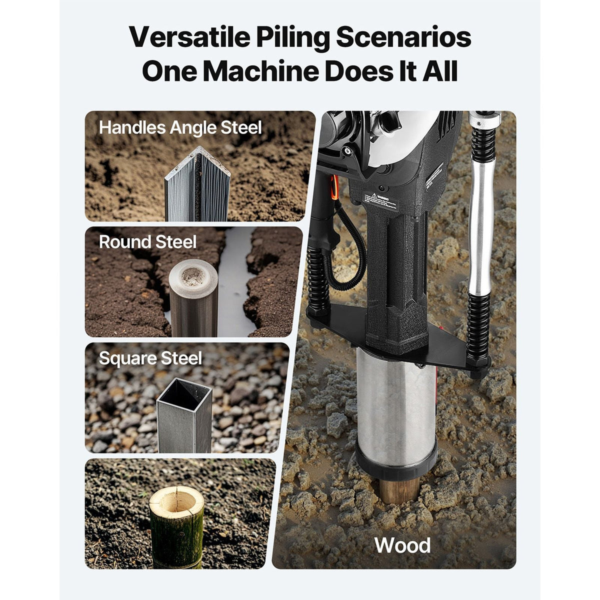 Gas Powered T Post Driver, 37.7cc 4-Stroke Engine Efficient Post Pounder with 3 Piling Sleeves, Vibration-Reducing Handle, Heavy Duty Fence Pile Driver for Farm, Orchard, Road Work, Landscaping