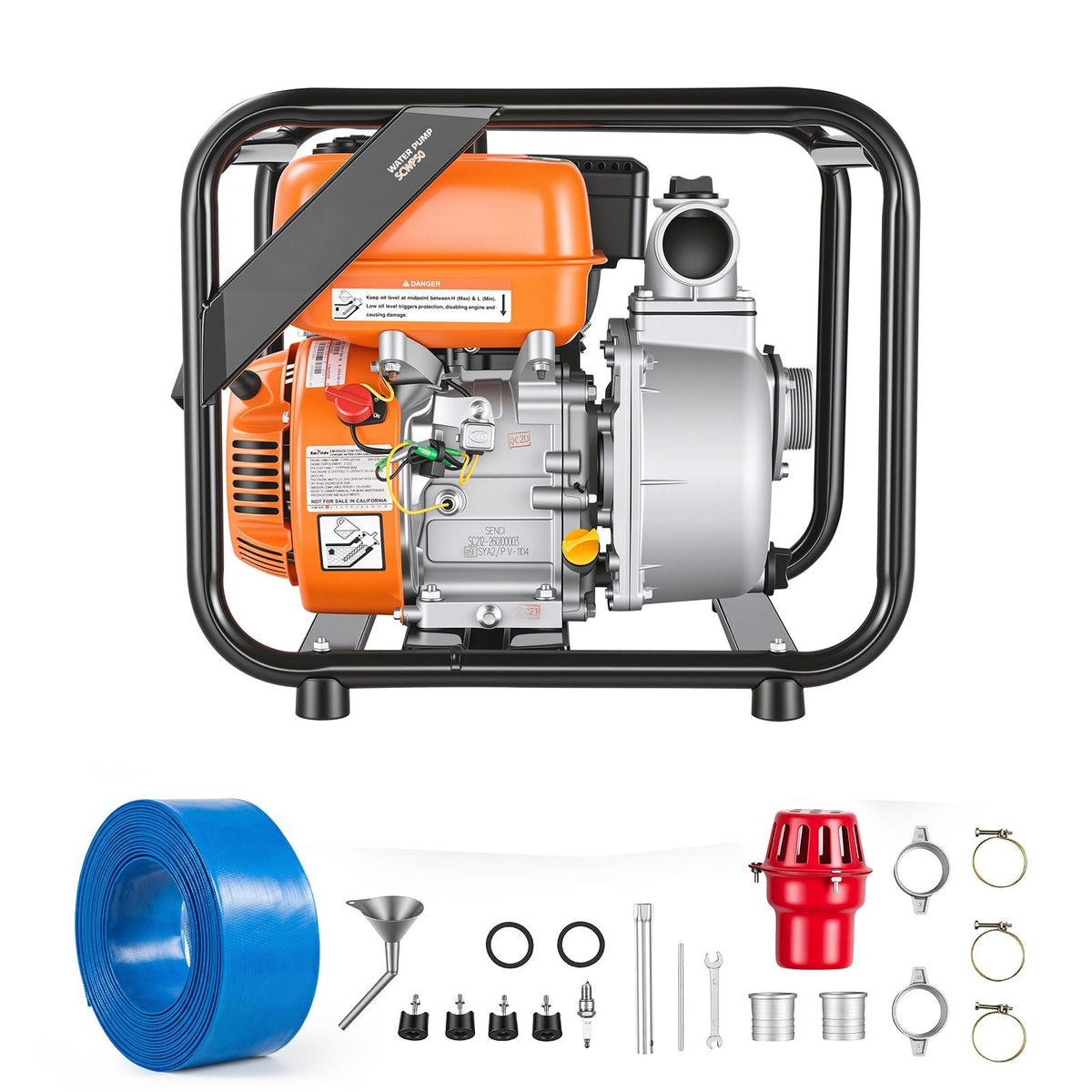 Gas Powered Water Pump, 2 in, 132 GPM 7HP Semi Trash Water Transfer Pump Portable, Gasoline Engine with 25 ft Discharge Hose, Heavy Duty Frame, Cast Iron Impeller, for Irrigation, Ponds, Pools