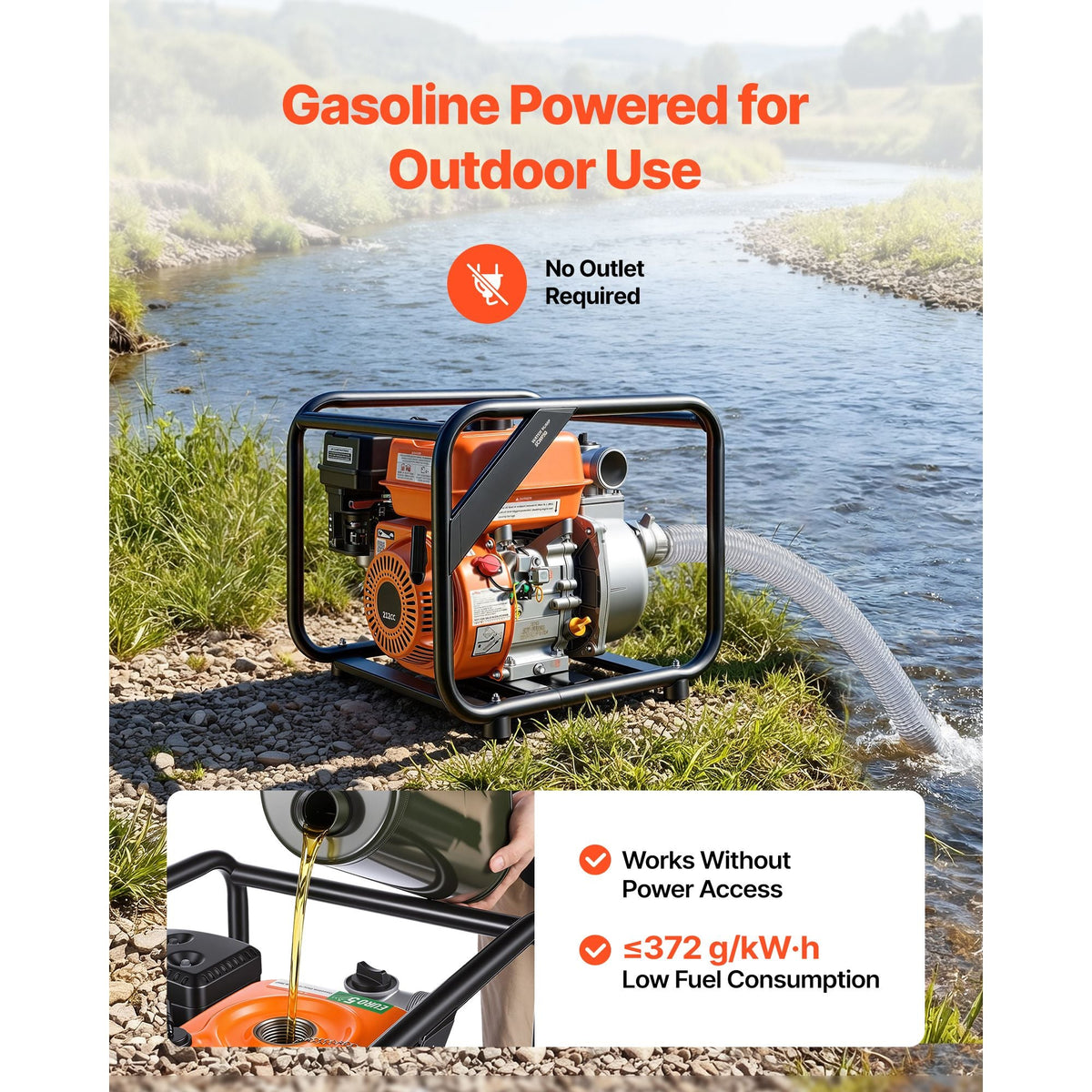 Gas Powered Water Pump, 2 in, 132 GPM 7HP Semi Trash Water Transfer Pump Portable, Gasoline Engine with 25 ft Discharge Hose, Heavy Duty Frame, Cast Iron Impeller, for Irrigation, Ponds, Pools