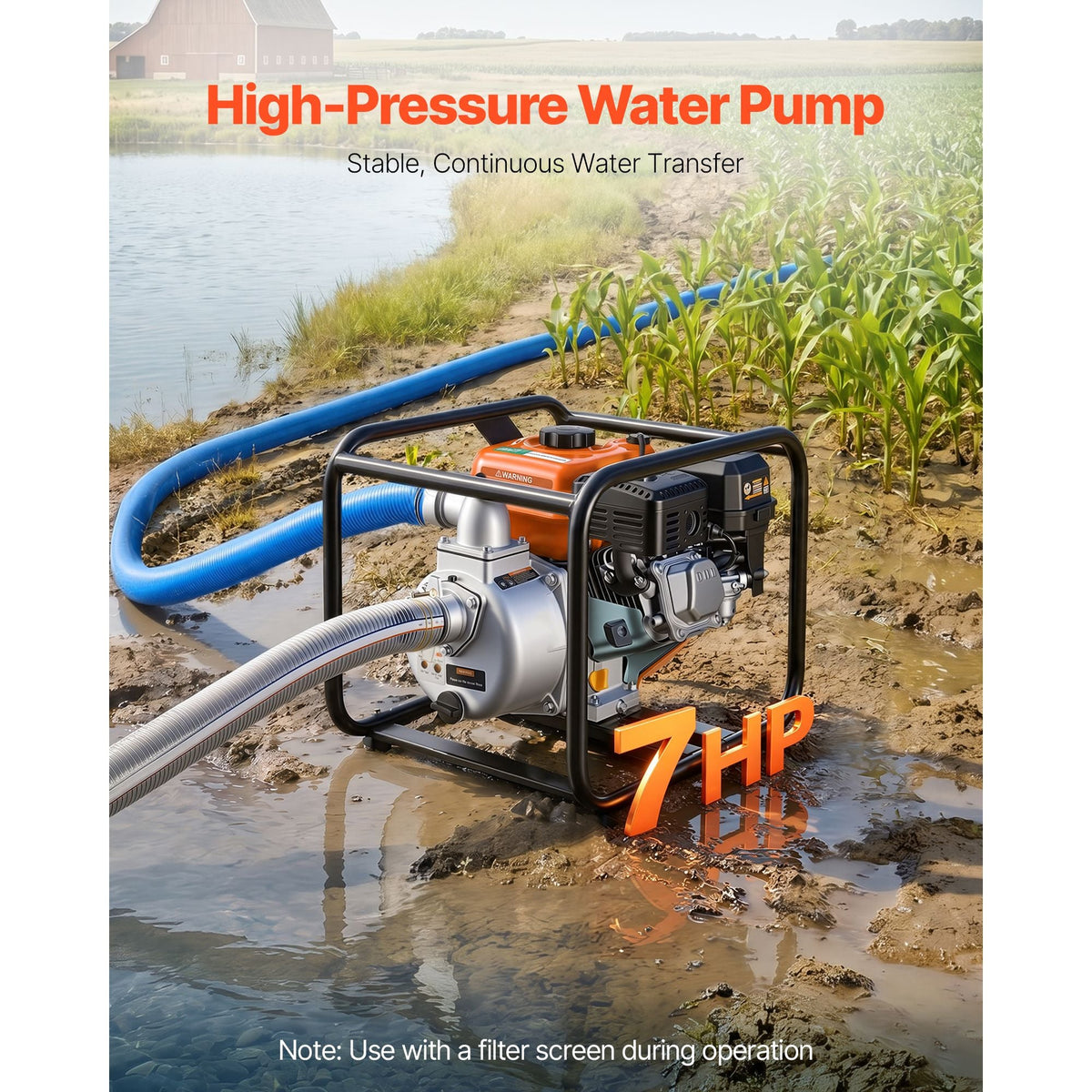Gas Powered Water Pump, 2 in, 132 GPM 7HP Semi Trash Water Transfer Pump Portable, Gasoline Engine with 25 ft Discharge Hose, Heavy Duty Frame, Cast Iron Impeller, for Irrigation, Ponds, Pools