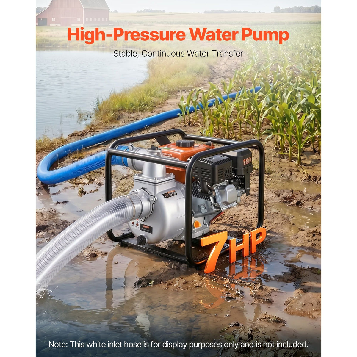 Gas Powered Water Pump, 3 in, 242 GPM 7HP Semi Trash Water Transfer Pump Portable, Gasoline Engine with 25 ft Discharge Hose, Heavy Duty Frame, Cast Iron Impeller, for Irrigation, Ponds, Pools