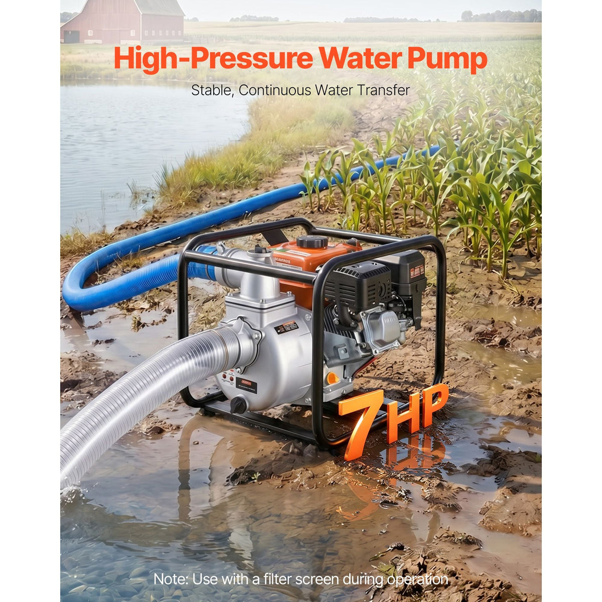 Gas Powered Water Pump, 3 in, 264 GPM 7HP Semi Trash Water Transfer Pump Portable, Gasoline Engine with 25 ft Discharge Hose, Heavy Duty Frame, Cast Iron Impeller, for Irrigation, Ponds, Pools