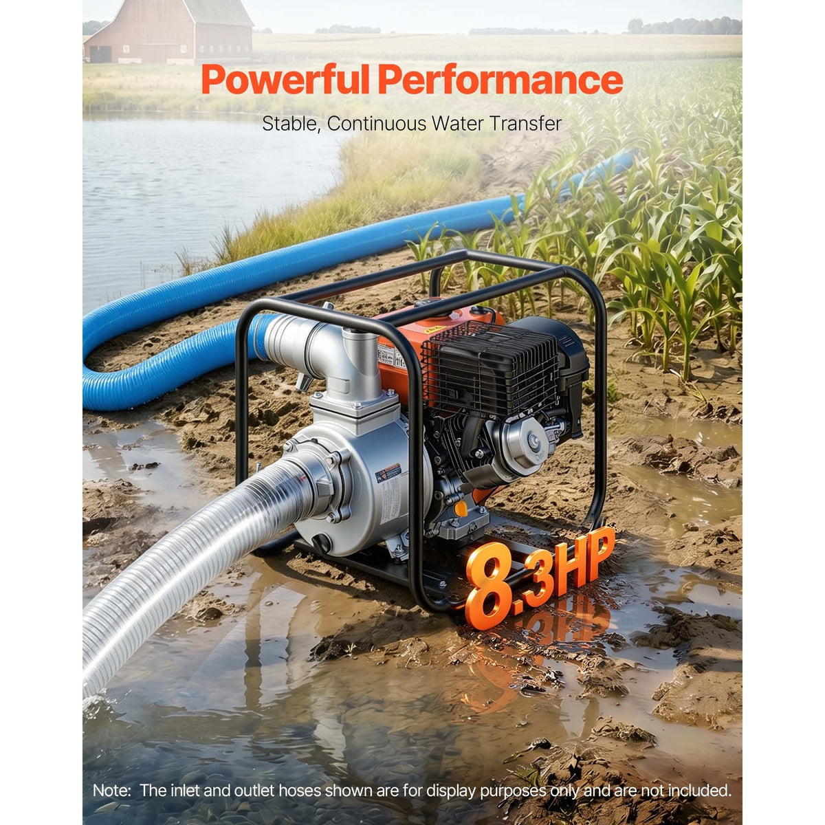 Gas Powered Water Pump, 4 in, 422 GPM 8.3HP Semi Trash Water Transfer Pump Portable, Gasoline Engine with 25 ft Discharge Hose, Heavy Duty Frame, Cast Iron Impeller, for Irrigation, Ponds, Pools