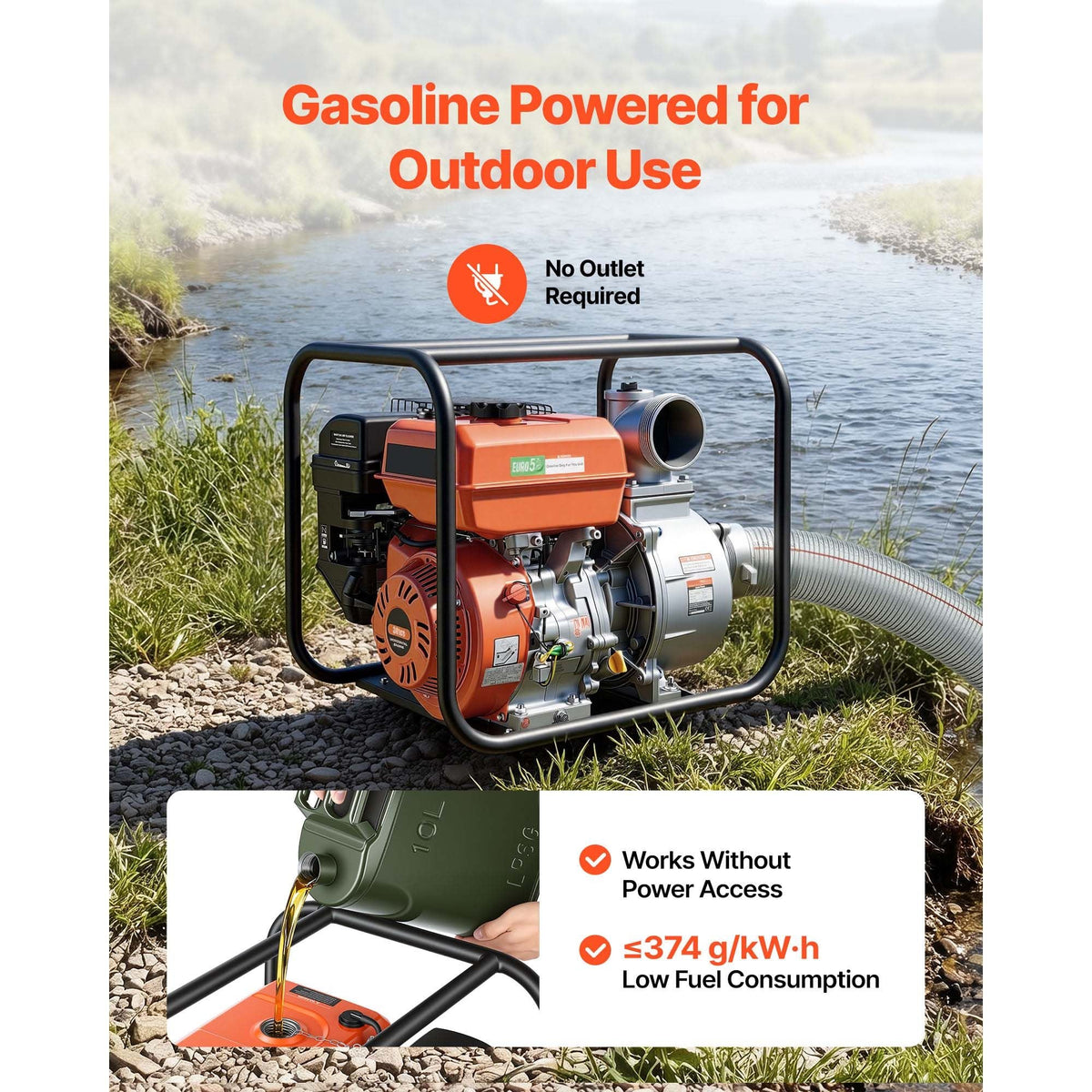 Gas Powered Water Pump, 4 in, 422 GPM 8.3HP Semi Trash Water Transfer Pump Portable, Gasoline Engine with 25 ft Discharge Hose, Heavy Duty Frame, Cast Iron Impeller, for Irrigation, Ponds, Pools