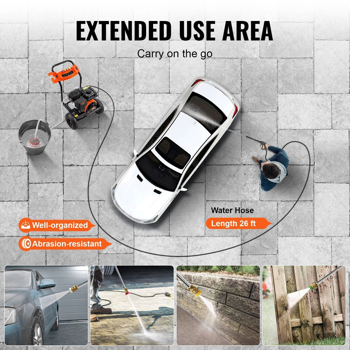 Gas Pressure Washer, 3500 PSI 2.6 GPM, Gas Powered Pressure Washer with Aluminum Pump, Spray Gun and Extension Wand, 5 Nozzle Set, for Fences, Homes, Driveways, Patios, Furniture, Horizontal