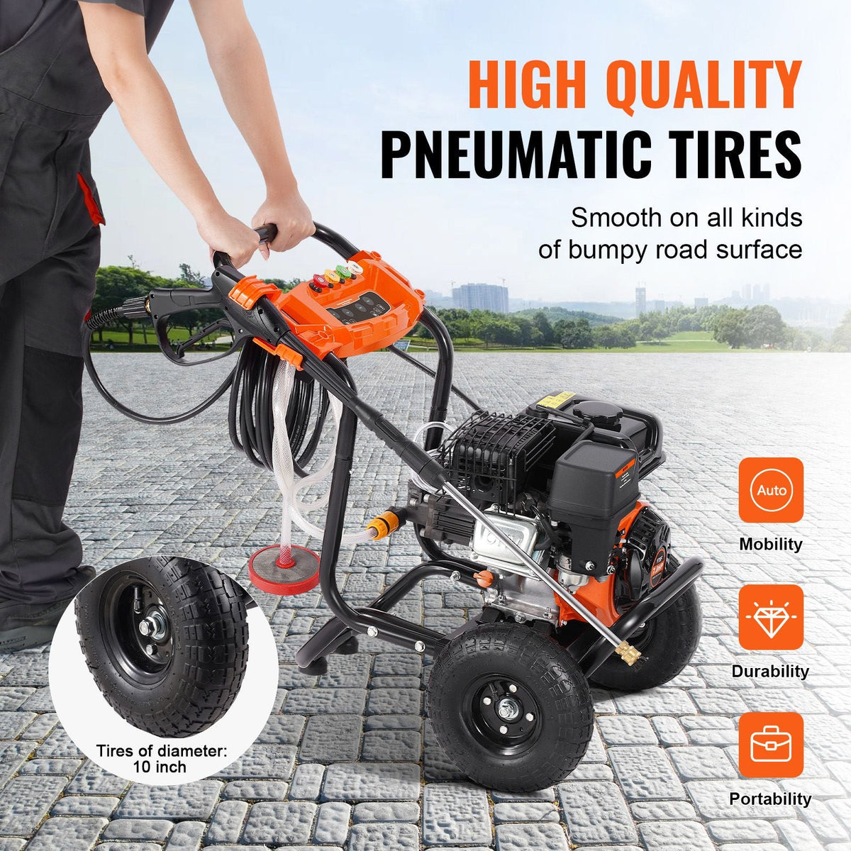 Gas Pressure Washer, 3500 PSI 2.6 GPM, Gas Powered Pressure Washer with Aluminum Pump, Spray Gun and Extension Wand, 5 Nozzle Set, for Fences, Homes, Driveways, Patios, Furniture, Horizontal