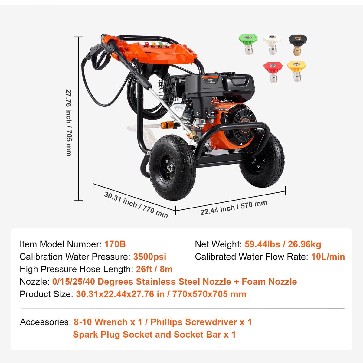 Gas Pressure Washer, 3500 PSI 2.6 GPM, Gas Powered Pressure Washer with Aluminum Pump, Spray Gun and Extension Wand, 5 Nozzle Set, for Fences, Homes, Driveways, Patios, Furniture, Horizontal