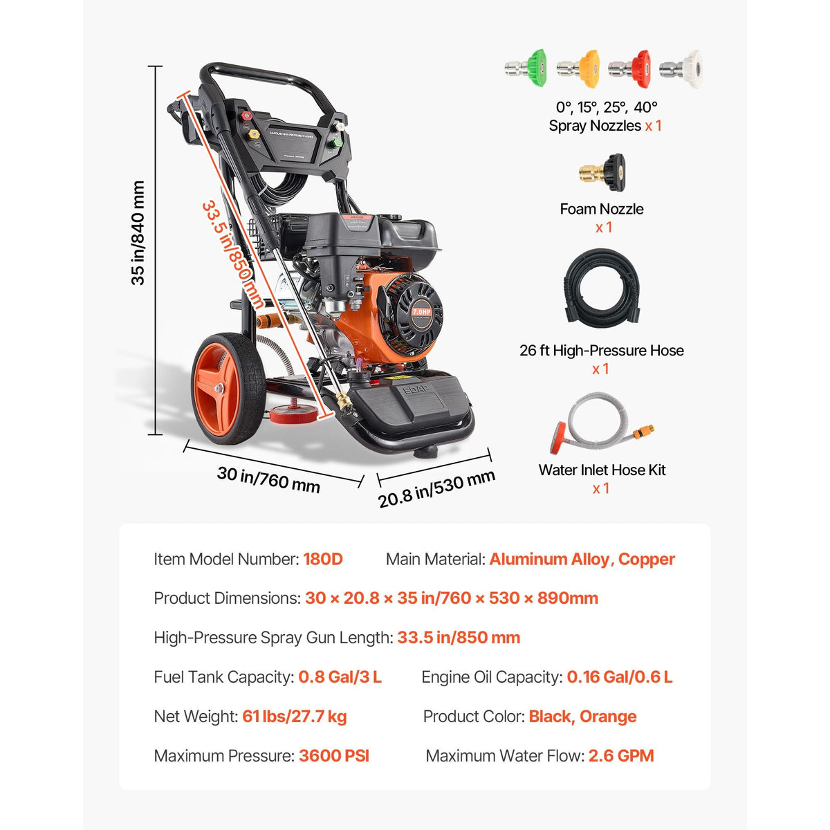 Gas Pressure Washer 3600 PSI and 2.6 Max GPM, Full Copper Pump, Spray Gun and Wand, 5 Nozzle Set, 26 ft Hose Gas Powered Pressure Washer for Cars, Fences, Driveways, Homes, Patios, Furniture