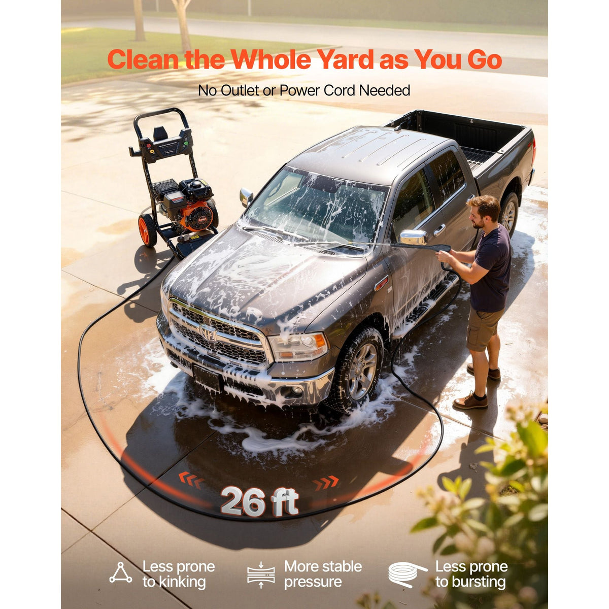 Gas Pressure Washer 3600 PSI and 2.6 Max GPM, Full Copper Pump, Spray Gun and Wand, 5 Nozzle Set, 26 ft Hose Gas Powered Pressure Washer for Cars, Fences, Driveways, Homes, Patios, Furniture