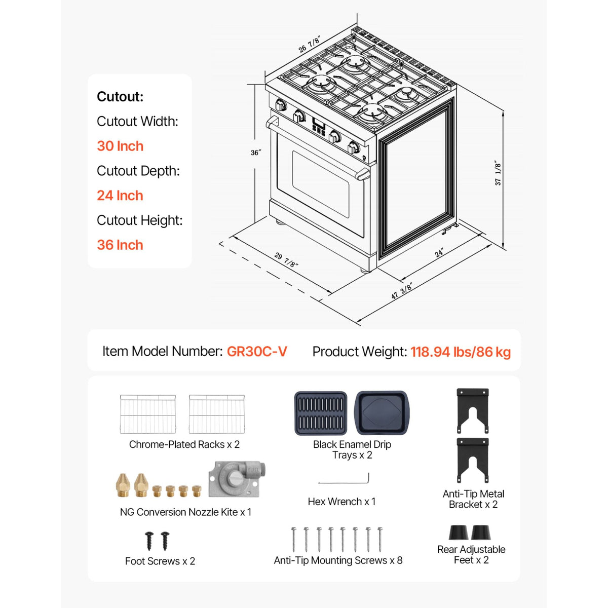 Gas Range Oven, 29.9 Inches Width, Freestanding Stainless Steel Stove and Oven with 4 Sealed Cooktop Burners, Easy Reach Racks, Halogen Light, 4.8 Cu. Ft. Capacity, for Apartment, Home, Kitchen