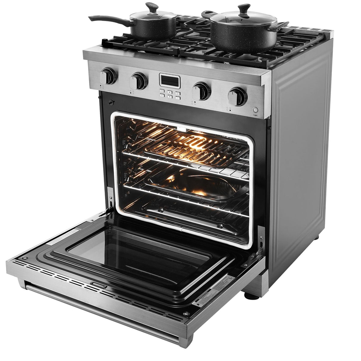 Gas Range Oven, 29.9 Inches Width, Freestanding Stainless Steel Stove and Oven with 4 Sealed Cooktop Burners, Easy Reach Racks, Halogen Light, 4.8 Cu. Ft. Capacity, for Apartment, Home, Kitchen