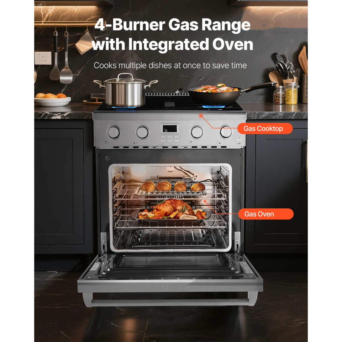 Gas Range Oven, 29.9 Inches Width, Freestanding Stainless Steel Stove and Oven with 4 Sealed Cooktop Burners, Easy Reach Racks, Halogen Light, 4.8 Cu. Ft. Capacity, for Apartment, Home, Kitchen