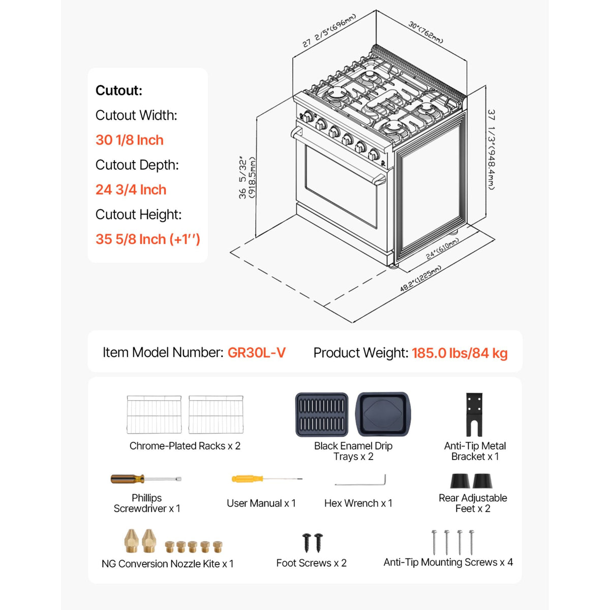 Gas Range Oven, 30 Inches Width, Freestanding Stainless Steel Stove and Oven with 5 Sealed Cooktop Burners, Easy Reach Racks, Storage Drawer, 4.8 Cu. Ft. Capacity, for Apartment, Home, Kitchen