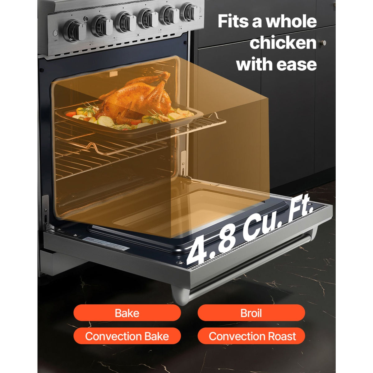 Gas Range Oven, 30 Inches Width, Freestanding Stainless Steel Stove and Oven with 5 Sealed Cooktop Burners, Easy Reach Racks, Storage Drawer, 4.8 Cu. Ft. Capacity, for Apartment, Home, Kitchen