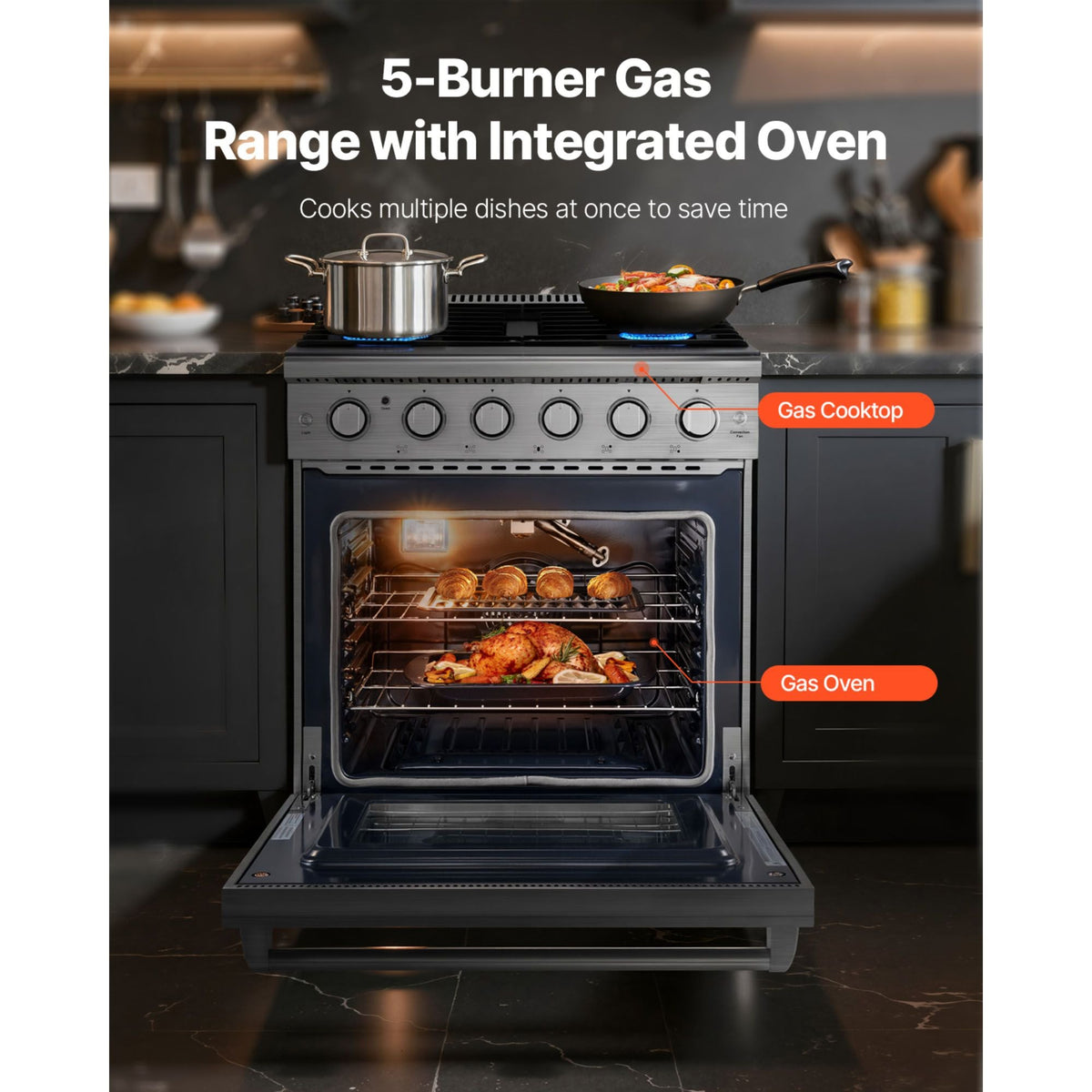 Gas Range Oven, 30 Inches Width, Freestanding Stainless Steel Stove and Oven with 5 Sealed Cooktop Burners, Easy Reach Racks, Storage Drawer, 4.8 Cu. Ft. Capacity, for Apartment, Home, Kitchen