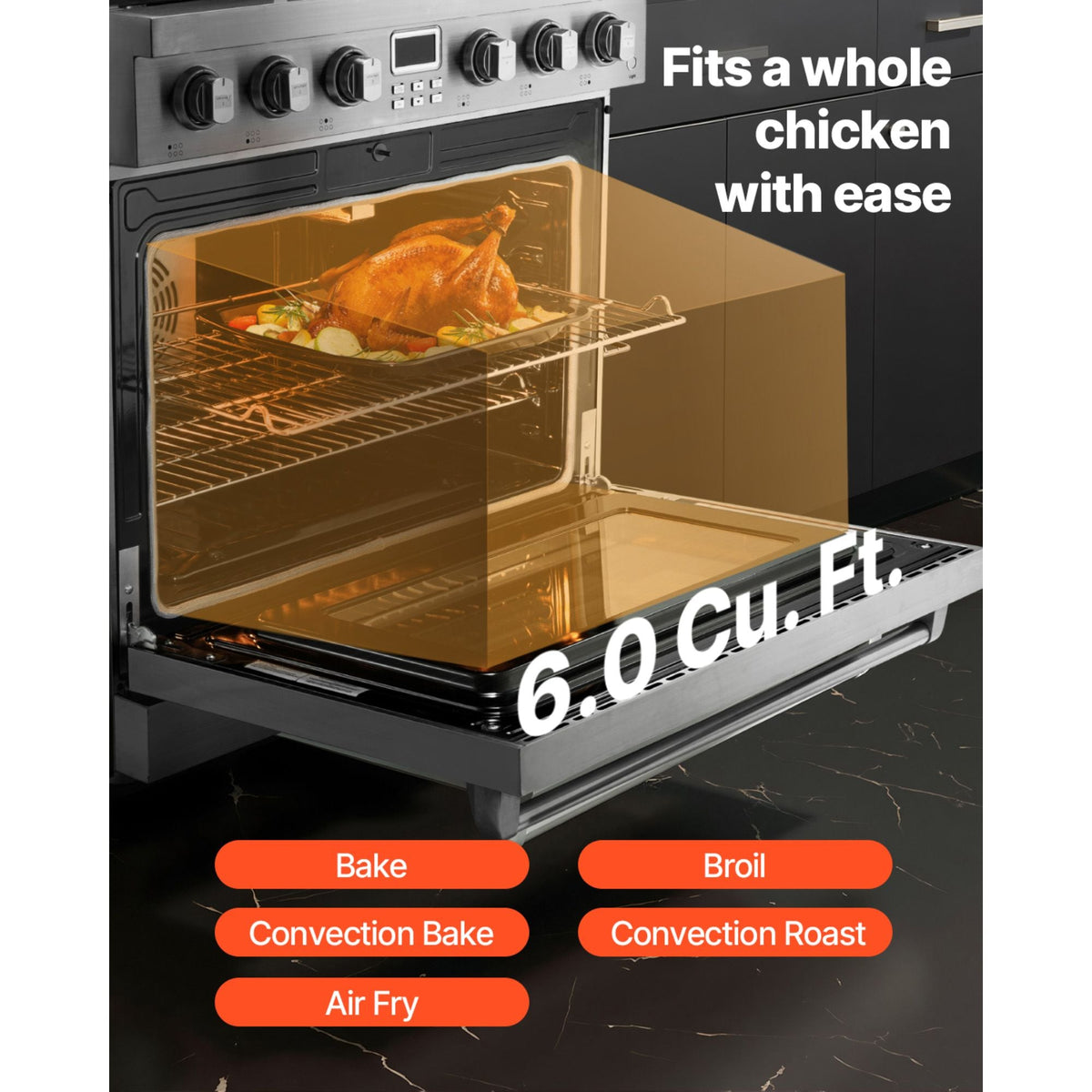 Gas Range Oven, 35.9 Inches Width, Freestanding Stainless Steel Stove and Oven with 6 Sealed Cooktop Burners, Easy Reach Racks, Halogen Light, 6.0 Cu. Ft. Capacity, for Apartment, Home, Kitchen