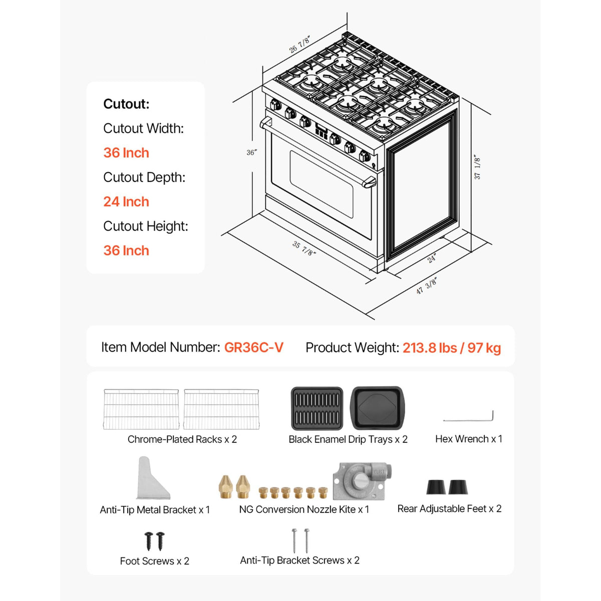 Gas Range Oven, 35.9 Inches Width, Freestanding Stainless Steel Stove and Oven with 6 Sealed Cooktop Burners, Easy Reach Racks, Halogen Light, 6.0 Cu. Ft. Capacity, for Apartment, Home, Kitchen