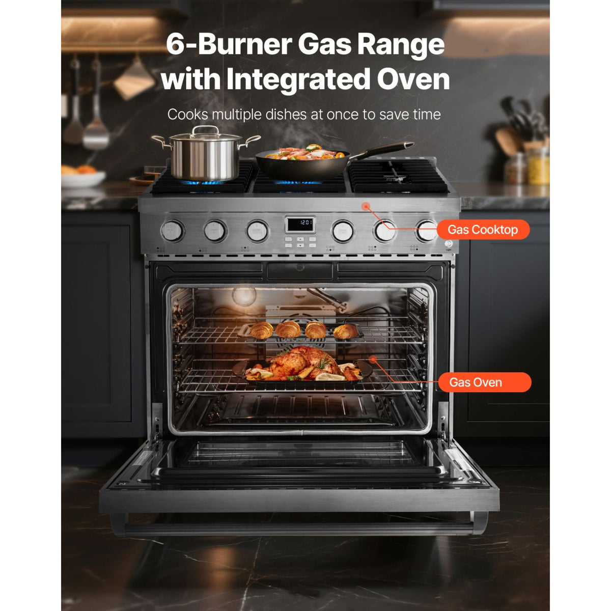 Gas Range Oven, 35.9 Inches Width, Freestanding Stainless Steel Stove and Oven with 6 Sealed Cooktop Burners, Easy Reach Racks, Halogen Light, 6.0 Cu. Ft. Capacity, for Apartment, Home, Kitchen